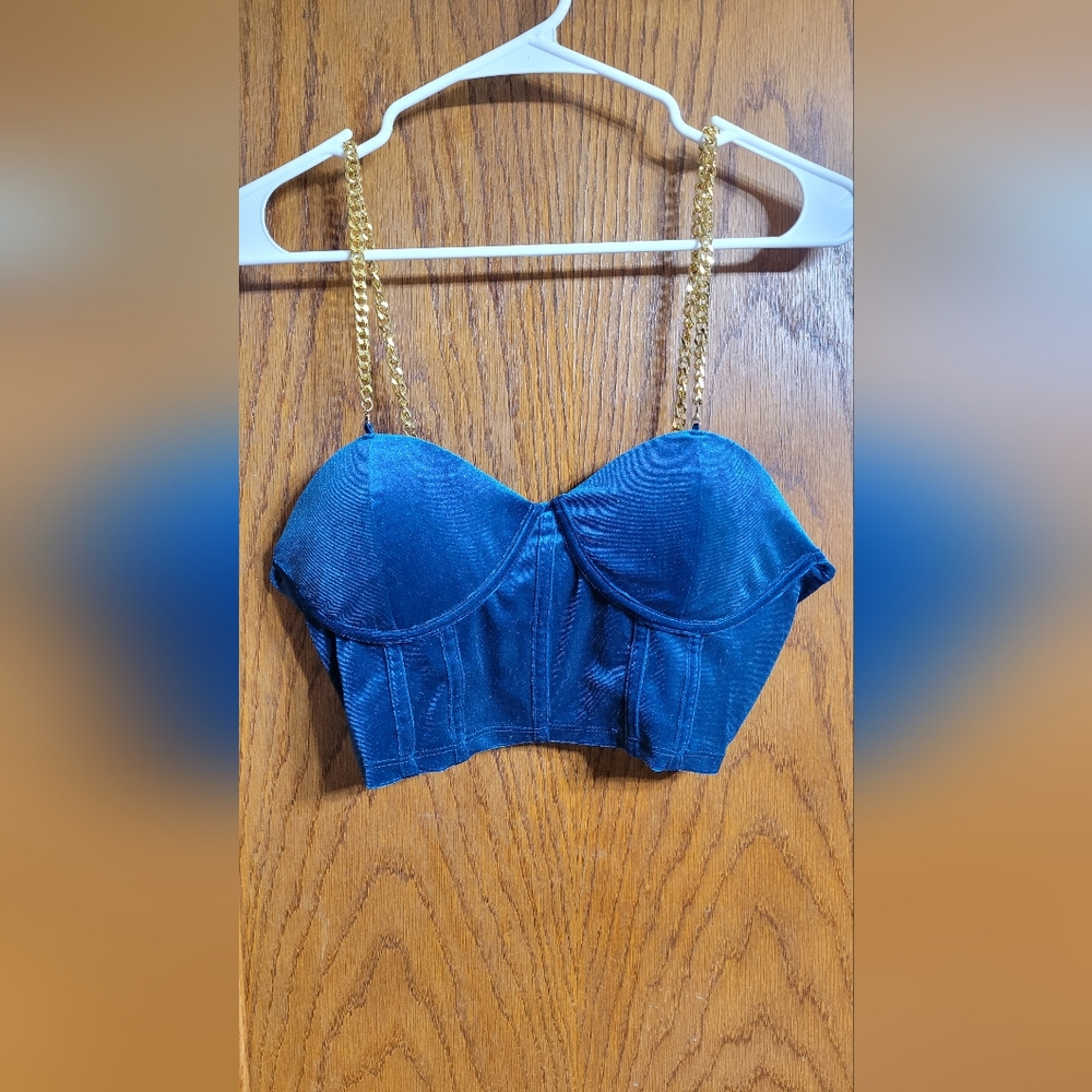 SHEIN Blue Crop Top with Gold Chain Straps